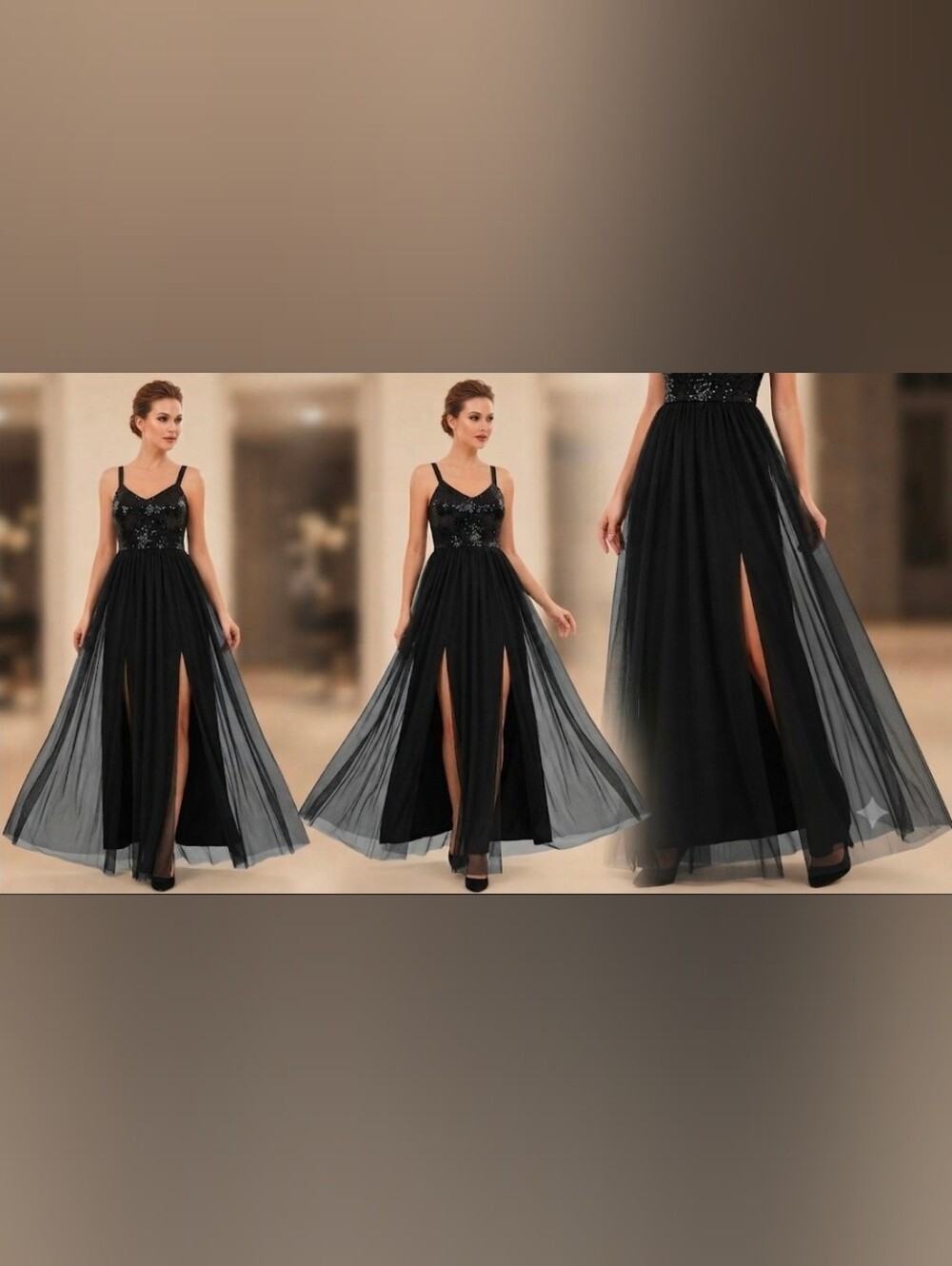 Strappy Back Sequin & Tulle Long Dress - Dual Leg Slit Lining (Sz L)